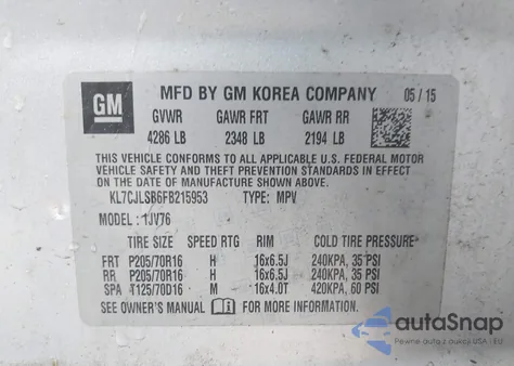 2015 Chevrolet Trax Lt from USA, damaged, VIN KL7CJLSB6FB215953